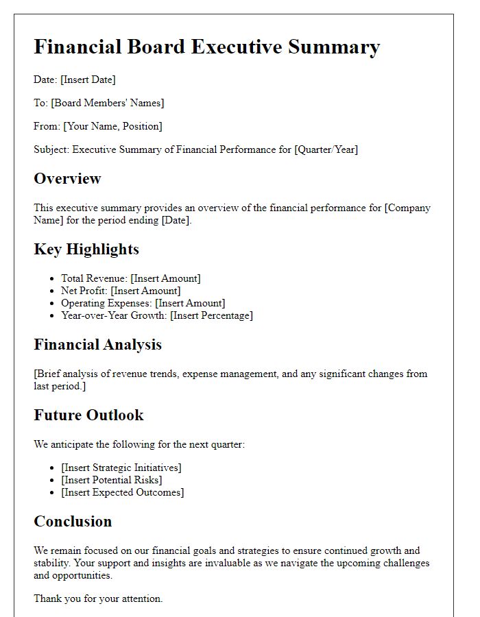 Letter template of a financial board executive summary