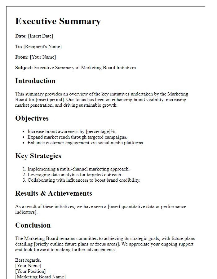 Letter template of a marketing board executive summary