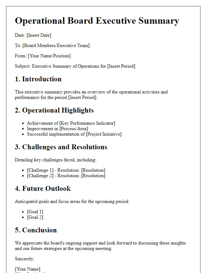 Letter template of an operational board executive summary