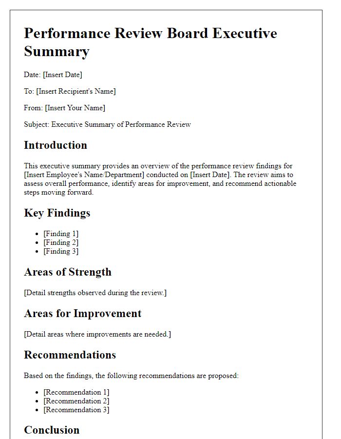 Letter template of a performance review board executive summary