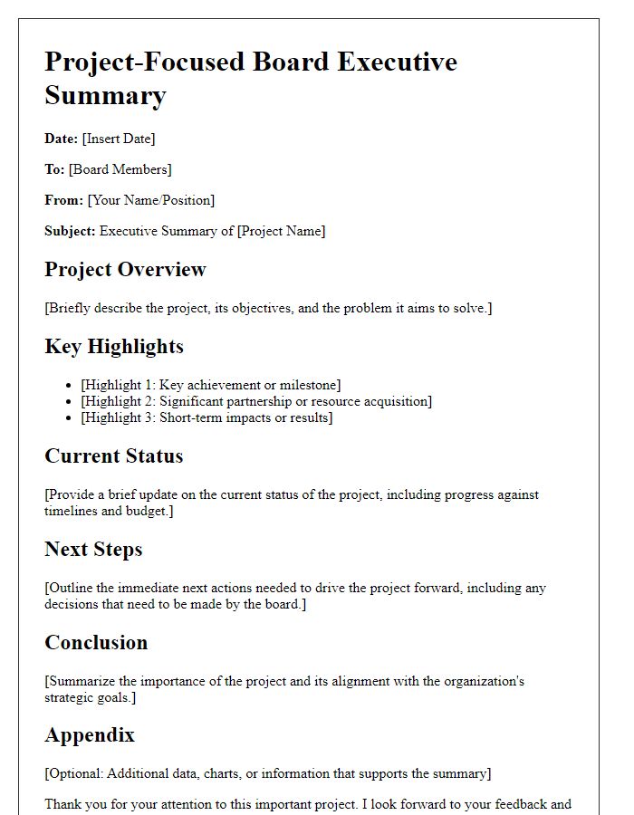 Letter template of a project-focused board executive summary