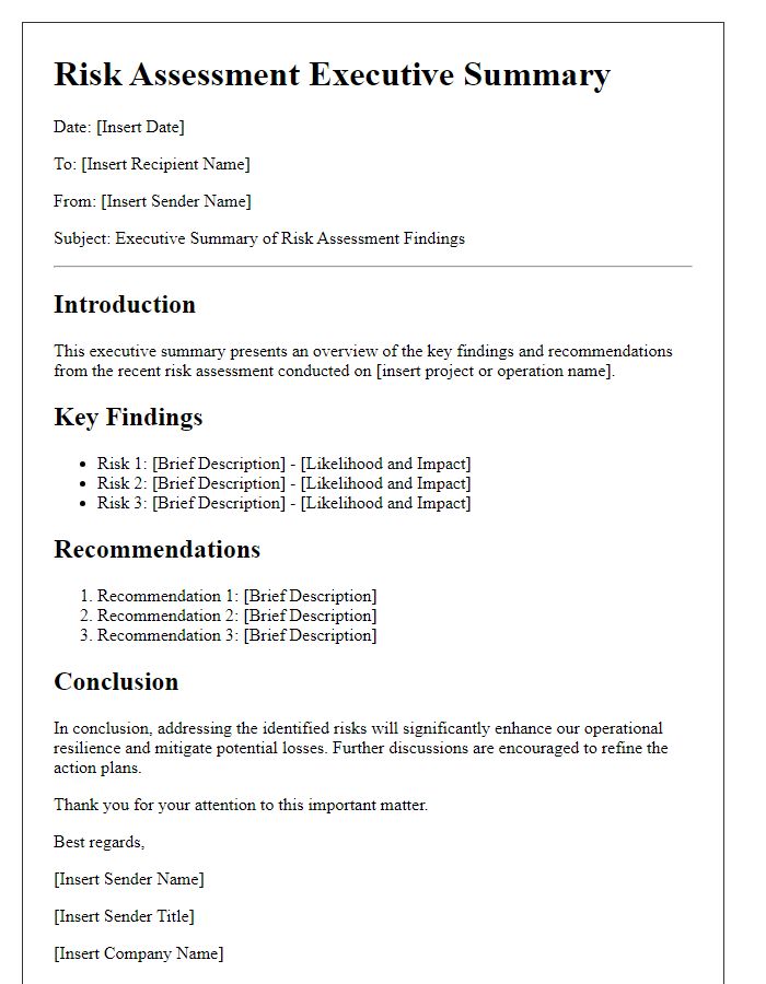 Letter template of a risk assessment board executive summary