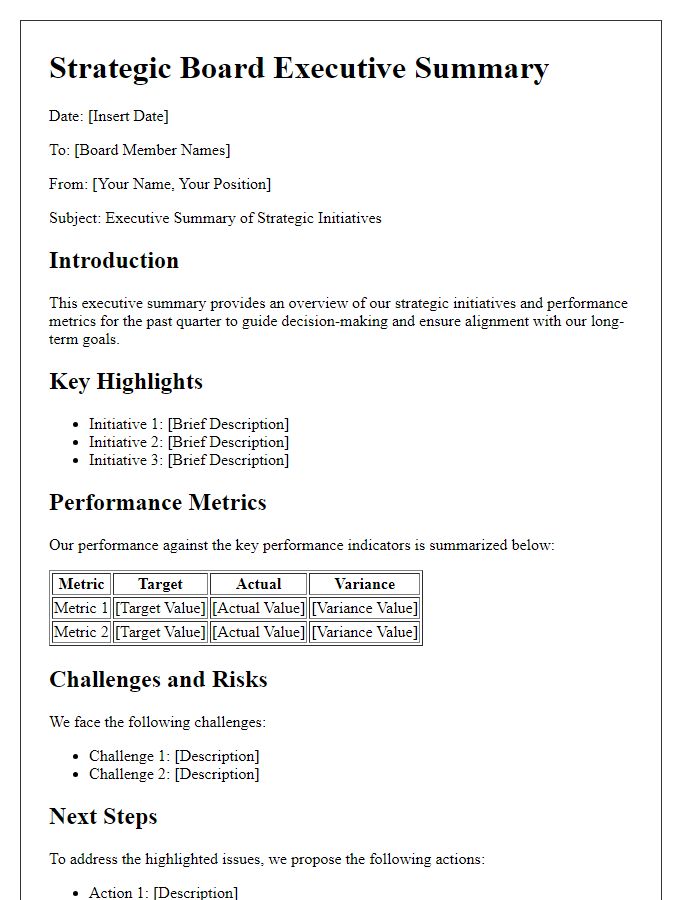 Letter template of a strategic board executive summary