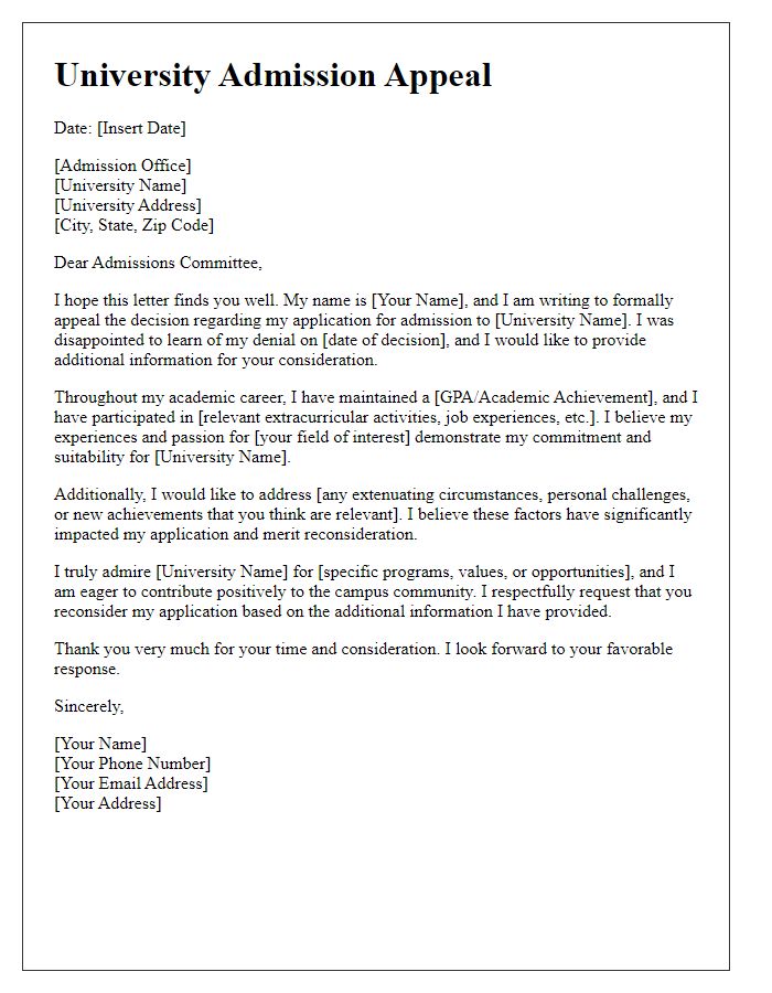 Letter template of university admission appeal