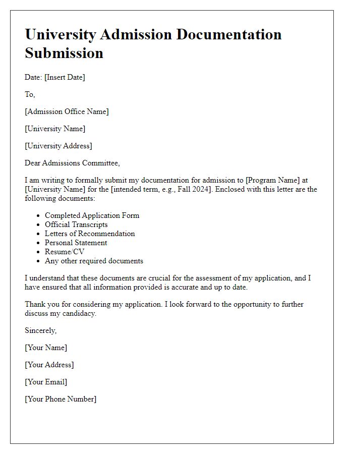 Letter template of university admission documentation submission