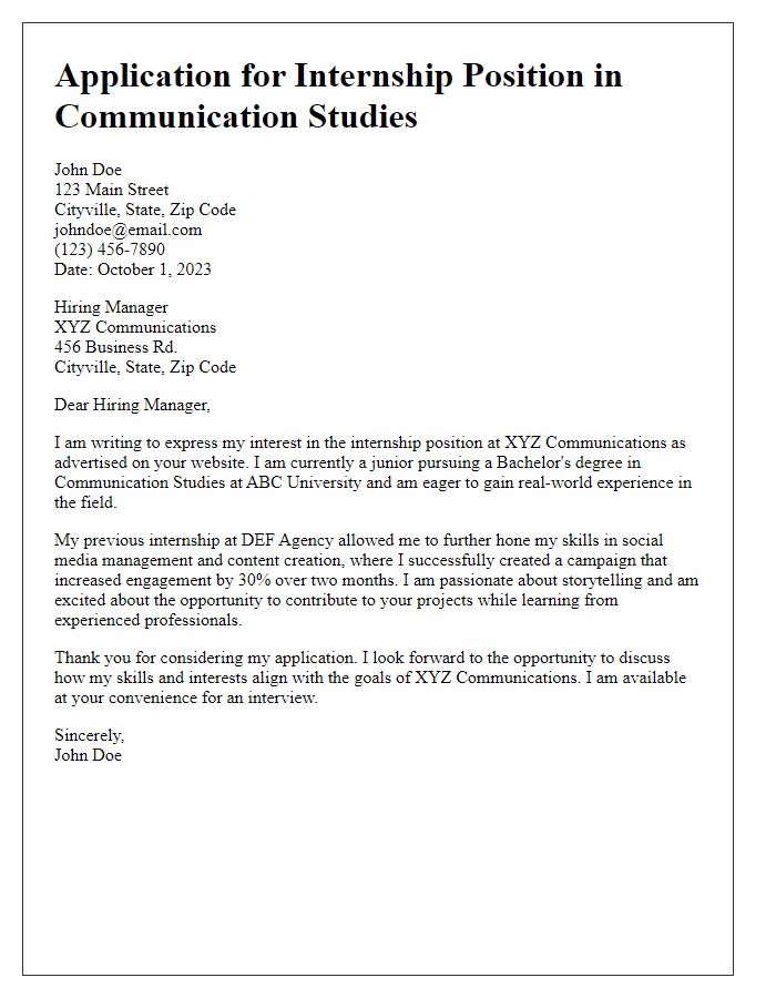 Letter template of internship position application for communication studies