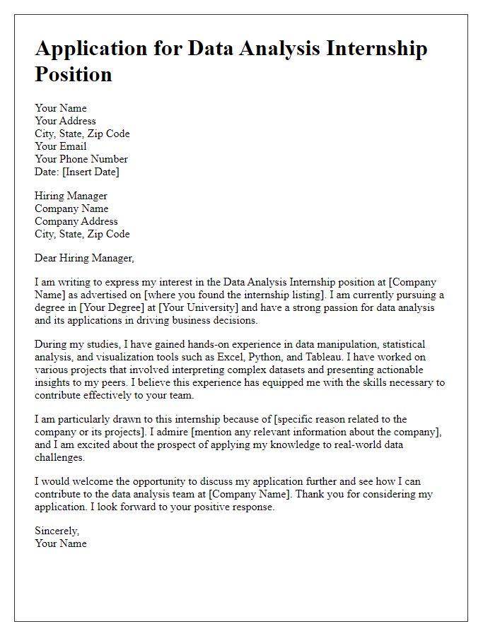 Letter template of internship position application for data analysis