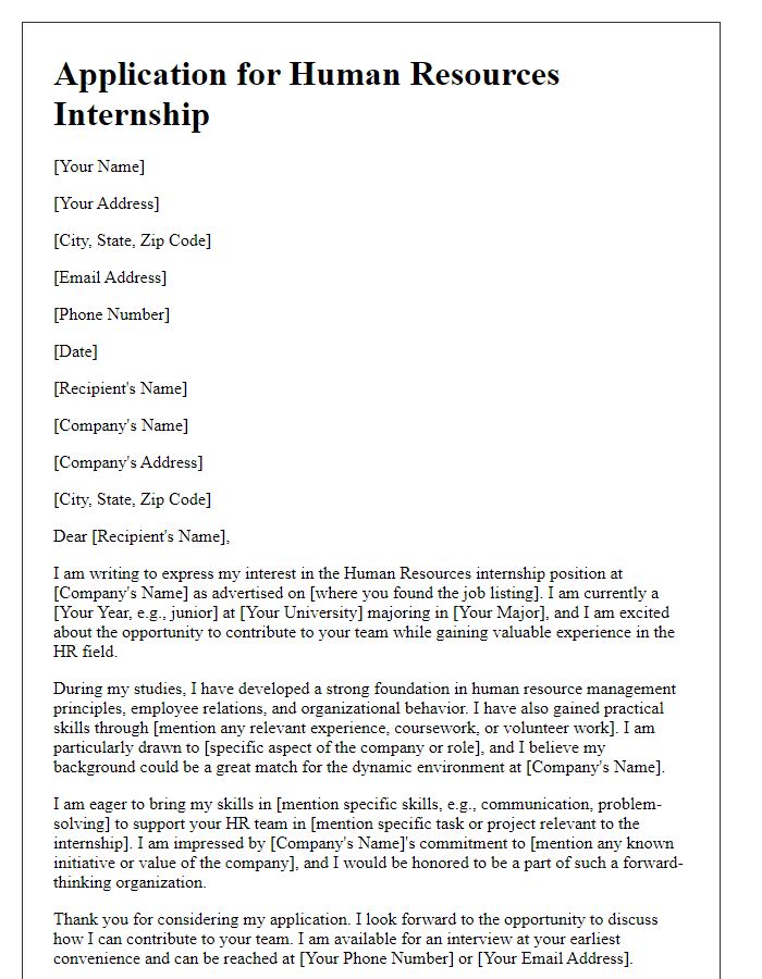 Letter template of internship position application for human resources