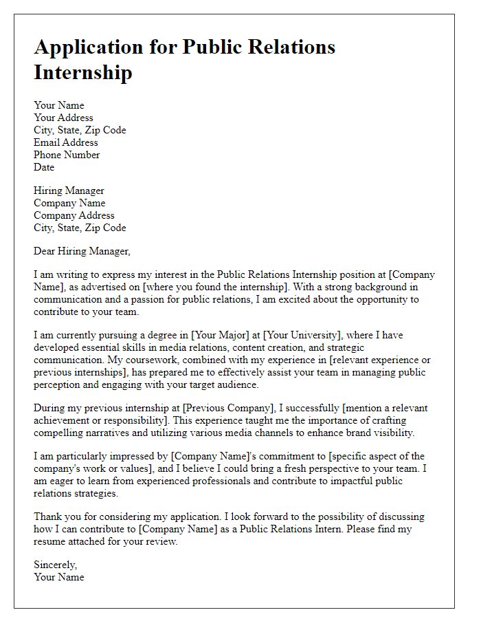 Letter template of internship position application for public relations