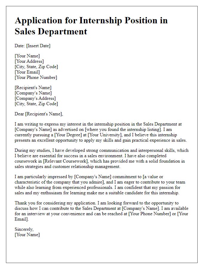 Letter template of internship position application for sales department