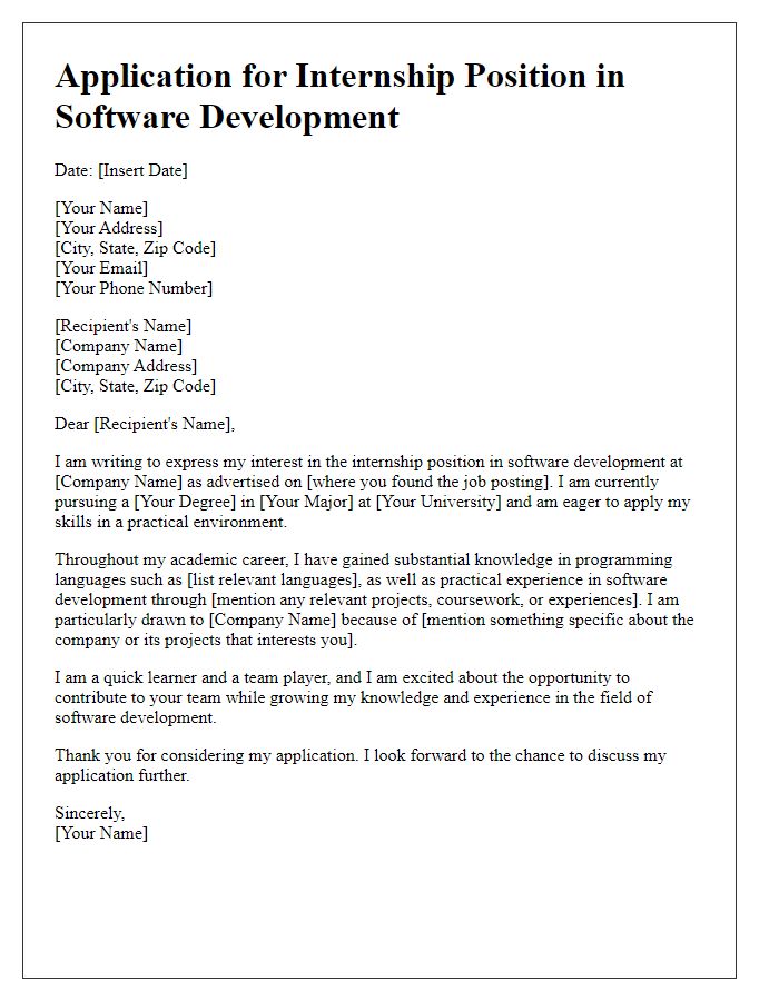 Letter template of internship position application for software development