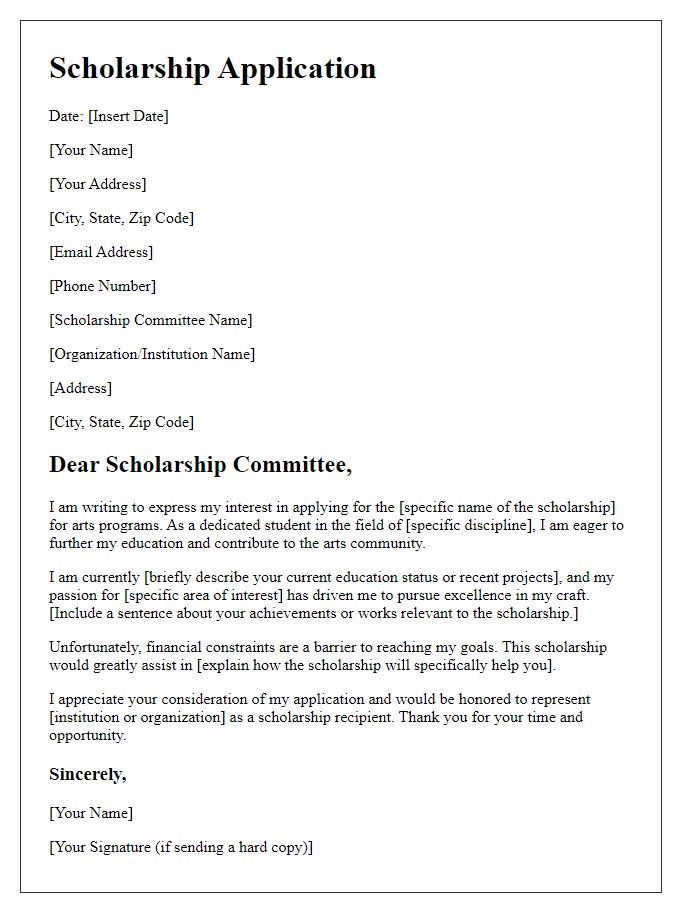 Letter template of scholarship application for arts programs