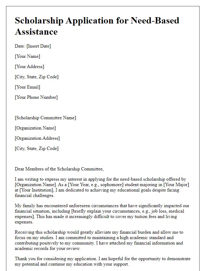 Letter template of scholarship application for need-based assistance