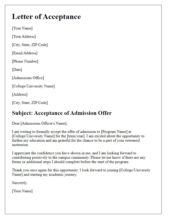 Letter template of acceptance of college program offer