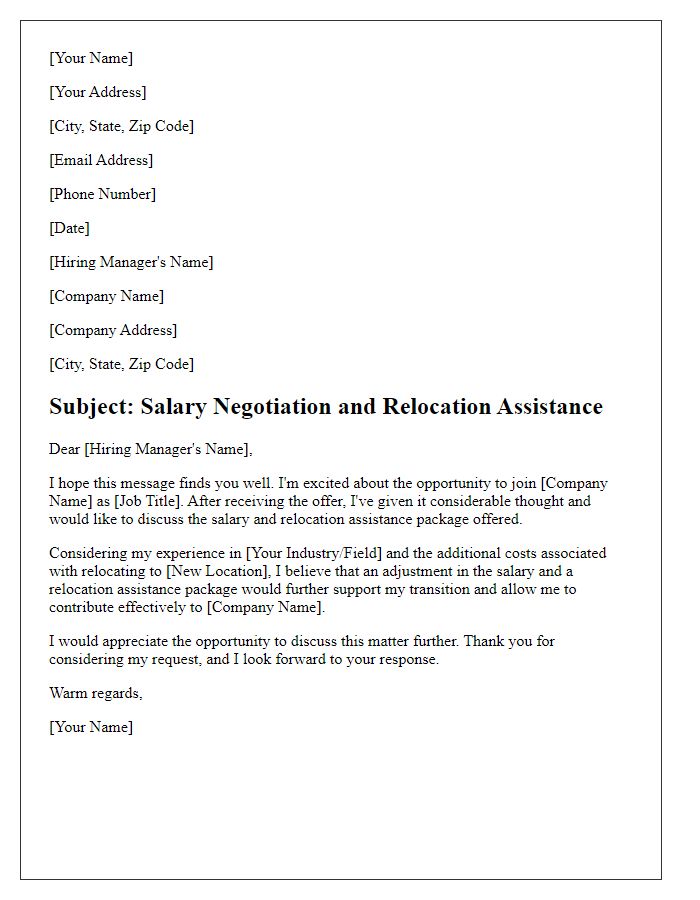 Letter template of salary negotiation for relocation assistance