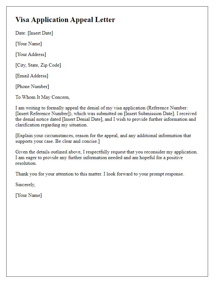 Letter template of visa application appeal for denied request