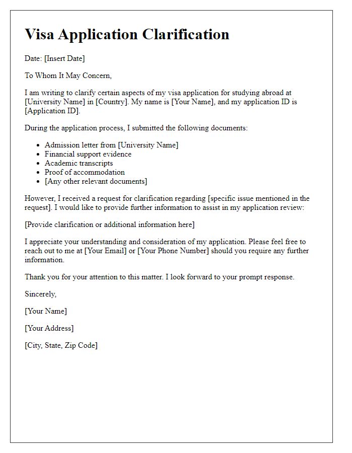 Letter template of visa application clarification for study abroad