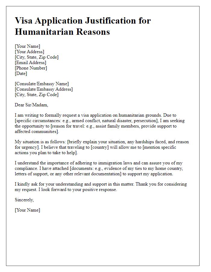 Letter template of visa application justification for humanitarian reasons