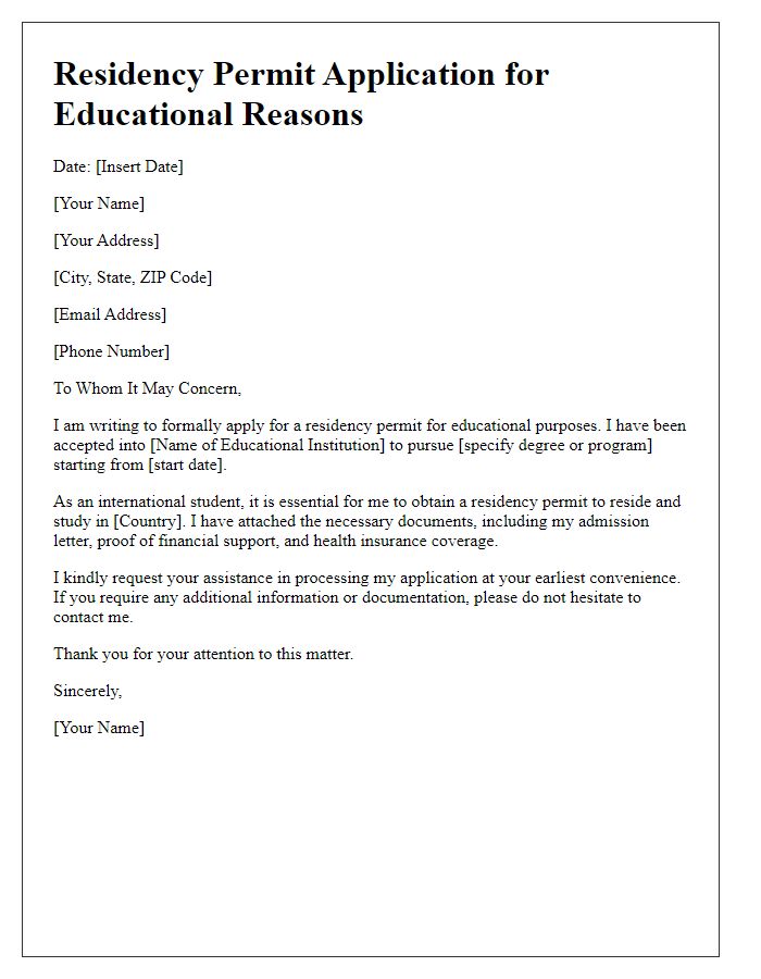 Letter template of residency permit application for educational reasons