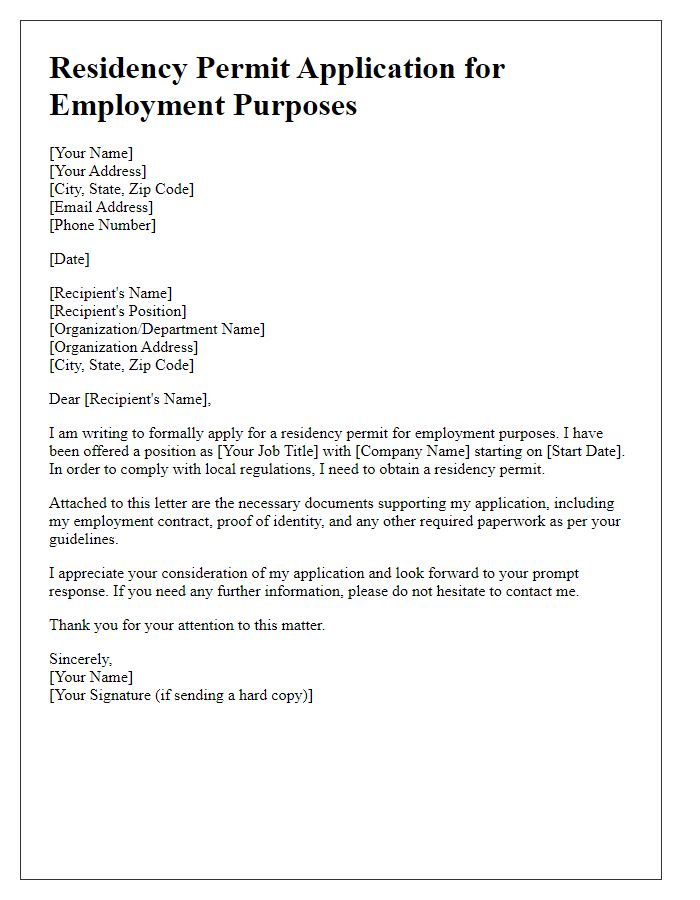 Letter template of residency permit application for employment purposes