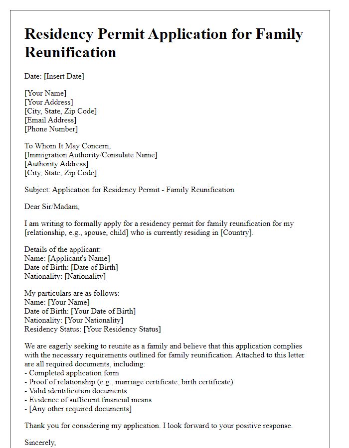 Letter template of residency permit application for family reunification