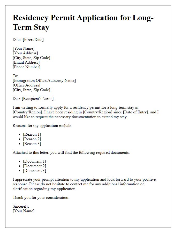 Letter template of residency permit application for long-term stay