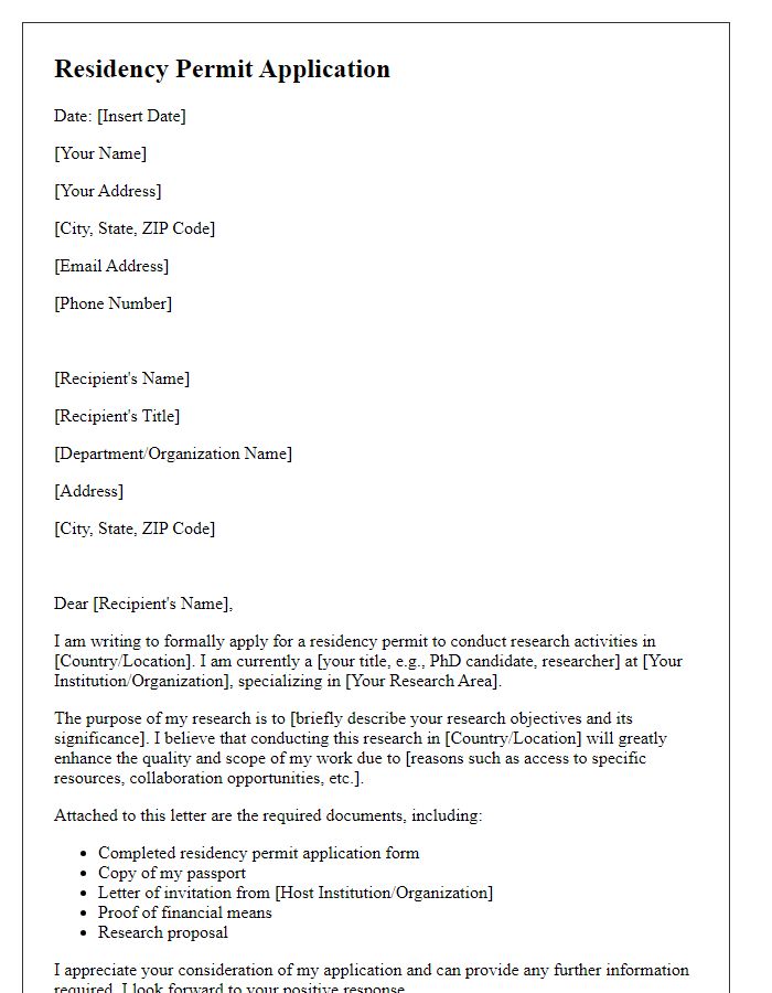 Letter template of residency permit application for research activities