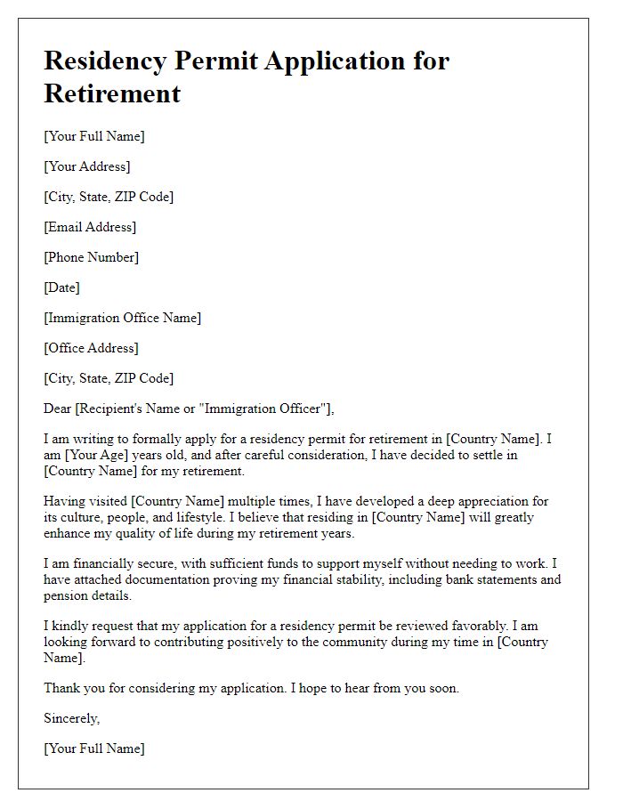 Letter template of residency permit application for retirement