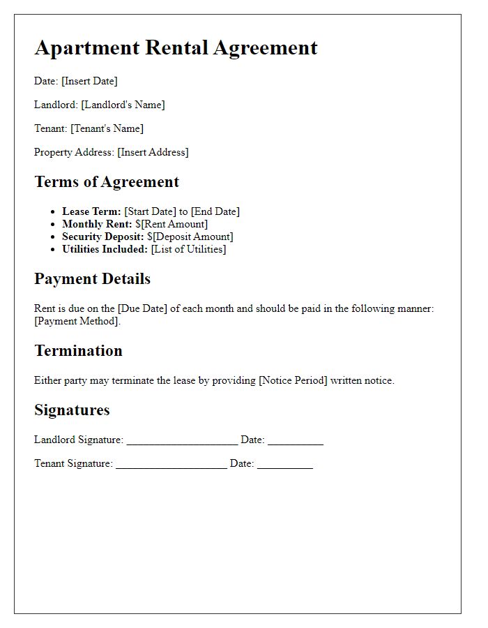 Letter template of Apartment Rental Agreement.