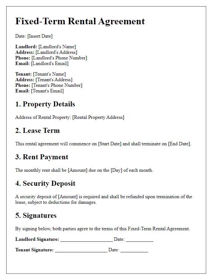 Letter template of Fixed-Term Rental Agreement.