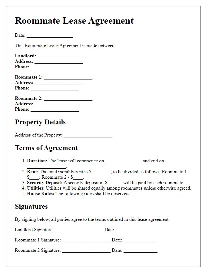 Letter template of Roommate Lease Agreement.