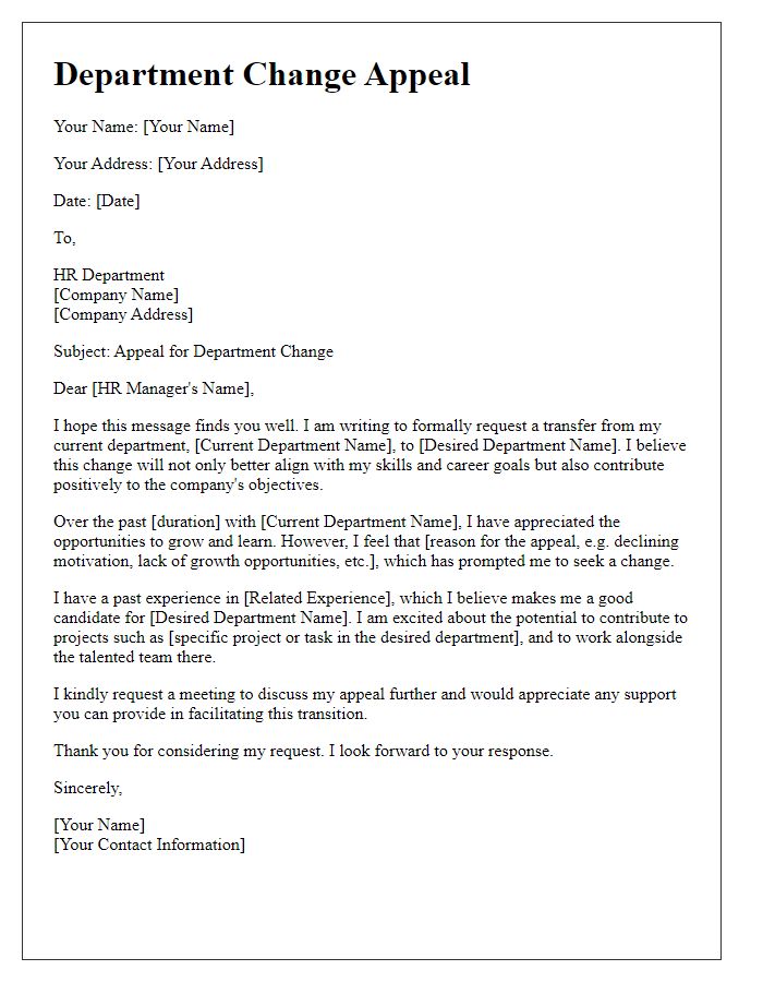 Letter template of appeal for department change