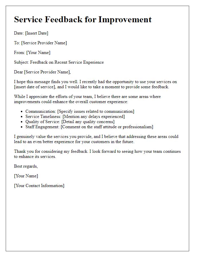 Letter template of service feedback for areas of improvement