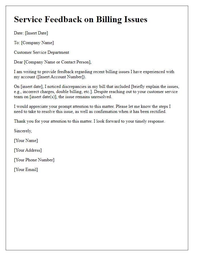 Letter template of service feedback for billing issues