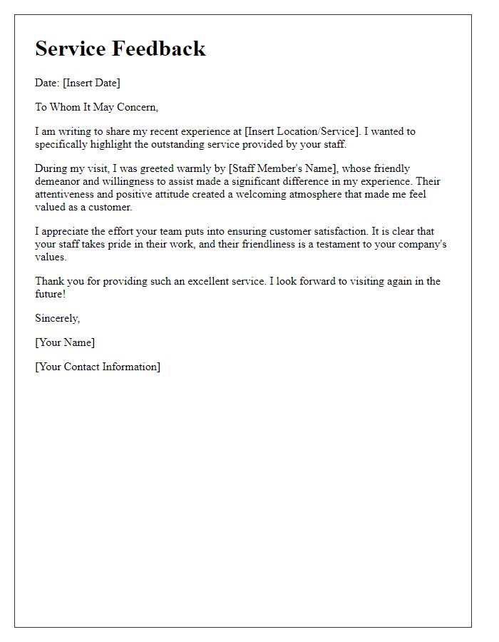 Letter template of service feedback for friendly staff