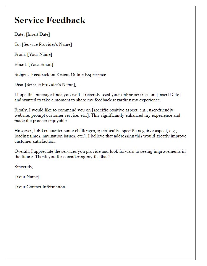 Letter template of service feedback for online experience