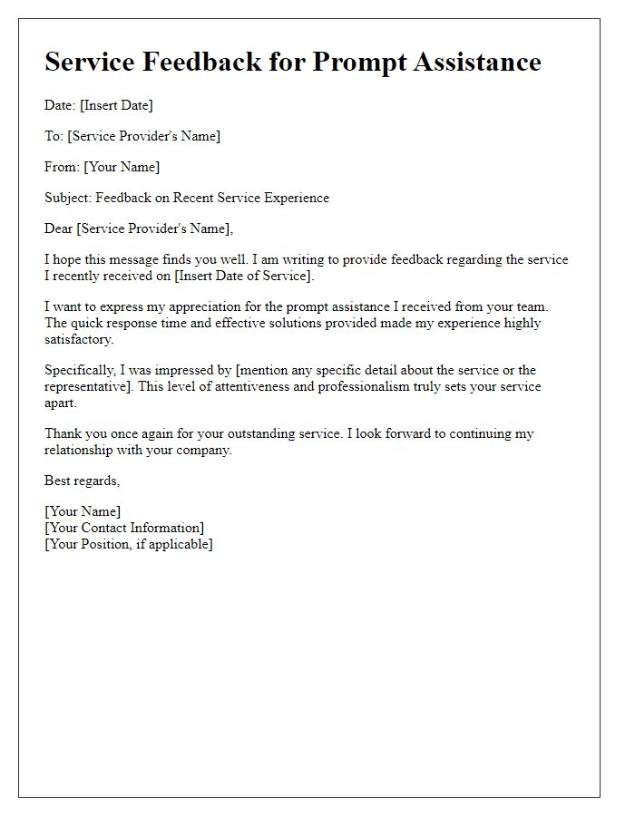 Letter template of service feedback for prompt assistance