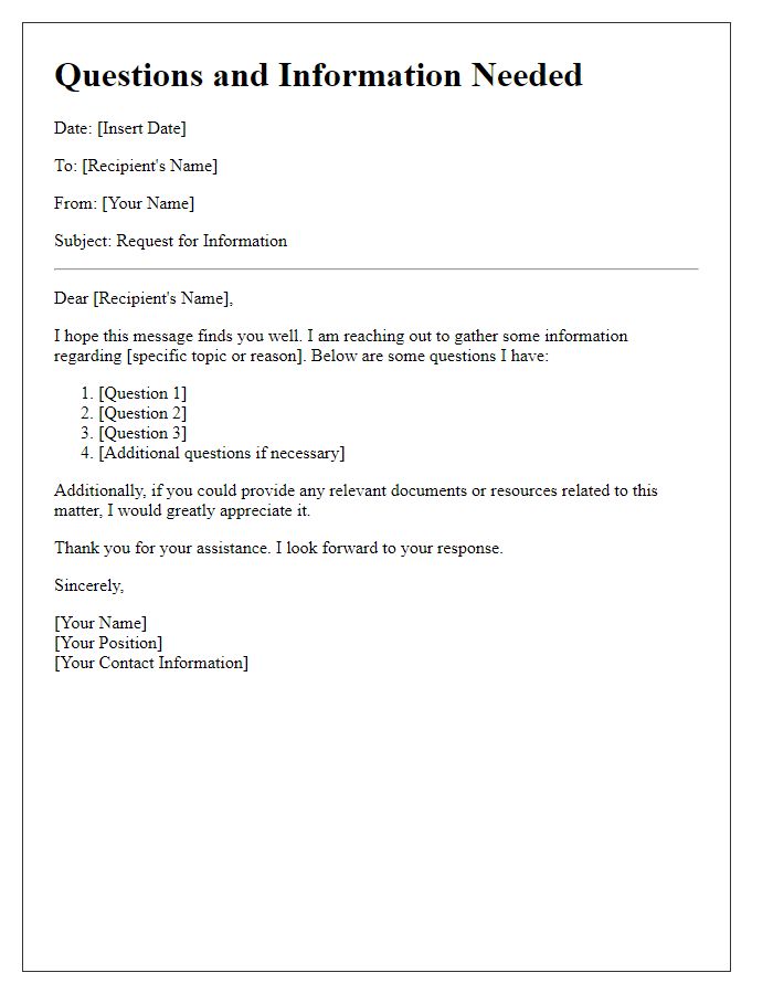 Letter template of Questions and Information Needed