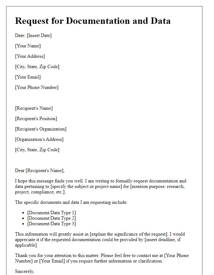 Letter template of Request for Documentation and Data