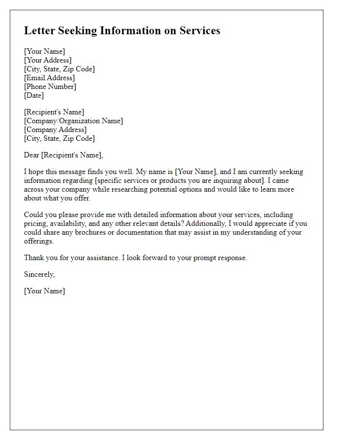 Letter template of Seeking Information on Services