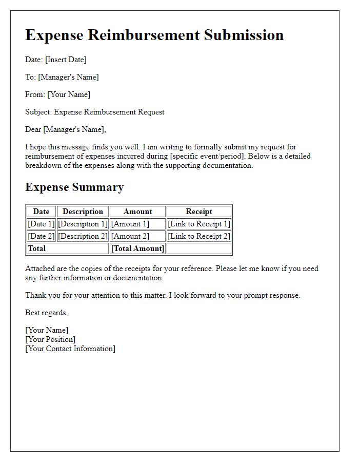 Letter template of detailed expense reimbursement submission