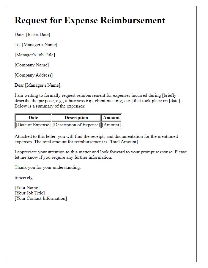 Letter template of formal request for expense reimbursement