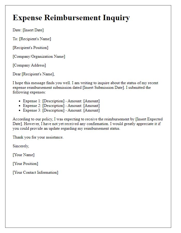 Letter template of personal expense reimbursement inquiry