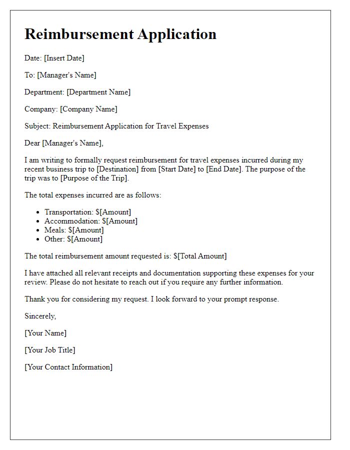 Letter template of reimbursement application for travel expenses