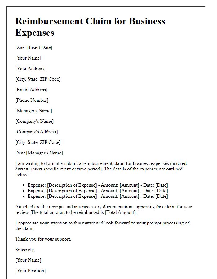 Letter template of reimbursement claim for business expenses