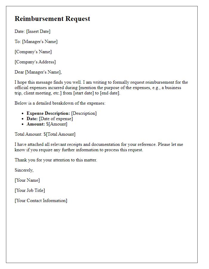 Letter template of reimbursement letter for official expenses