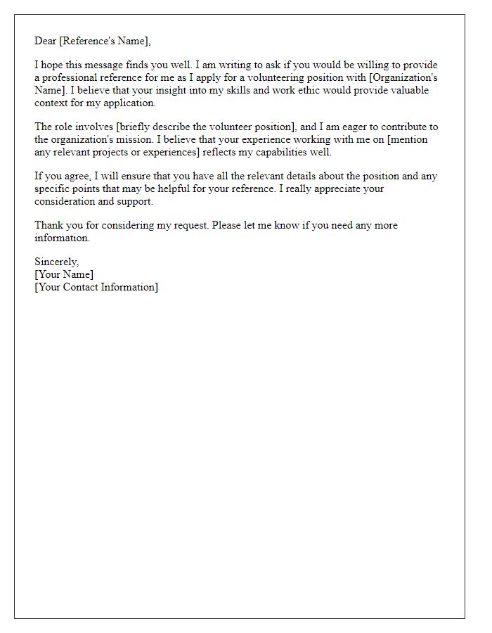 Letter template of professional reference request for volunteering positions.