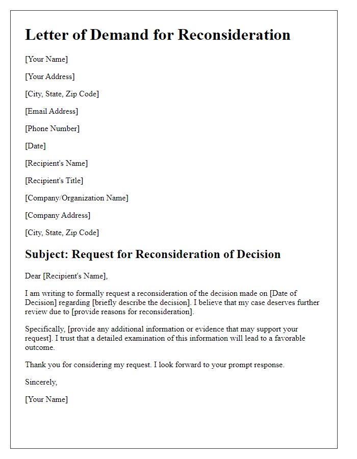 Letter template of demand for reconsideration of a decision