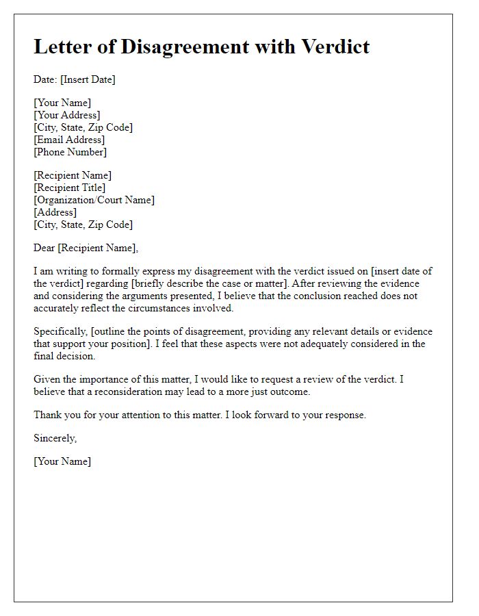 Letter template of disagreement with a verdict issued