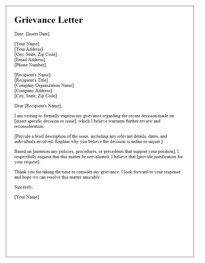 Letter template of grievance regarding a recent decision